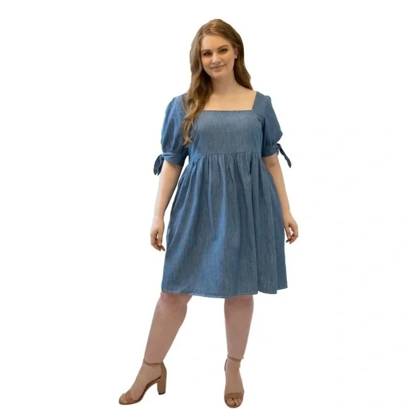 🆕Marée Pour Toi denim babydoll dress/short tie up sleeve/back zip/fit/flare👗 - Picture 2 of 6